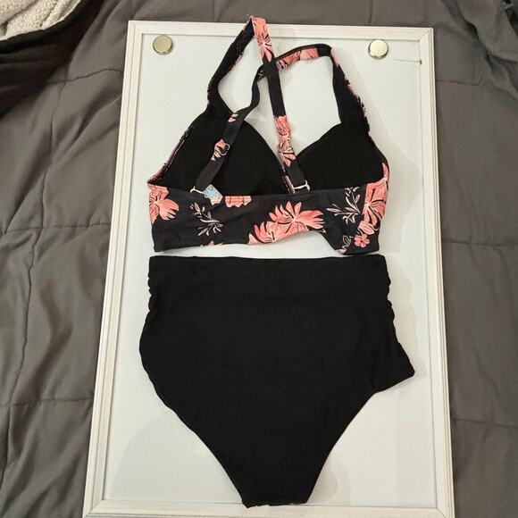 Yonique Black Coral Floral High Waisted Plus Size Bikini Swimwear NWT Size 12W - Picture 5 of 11